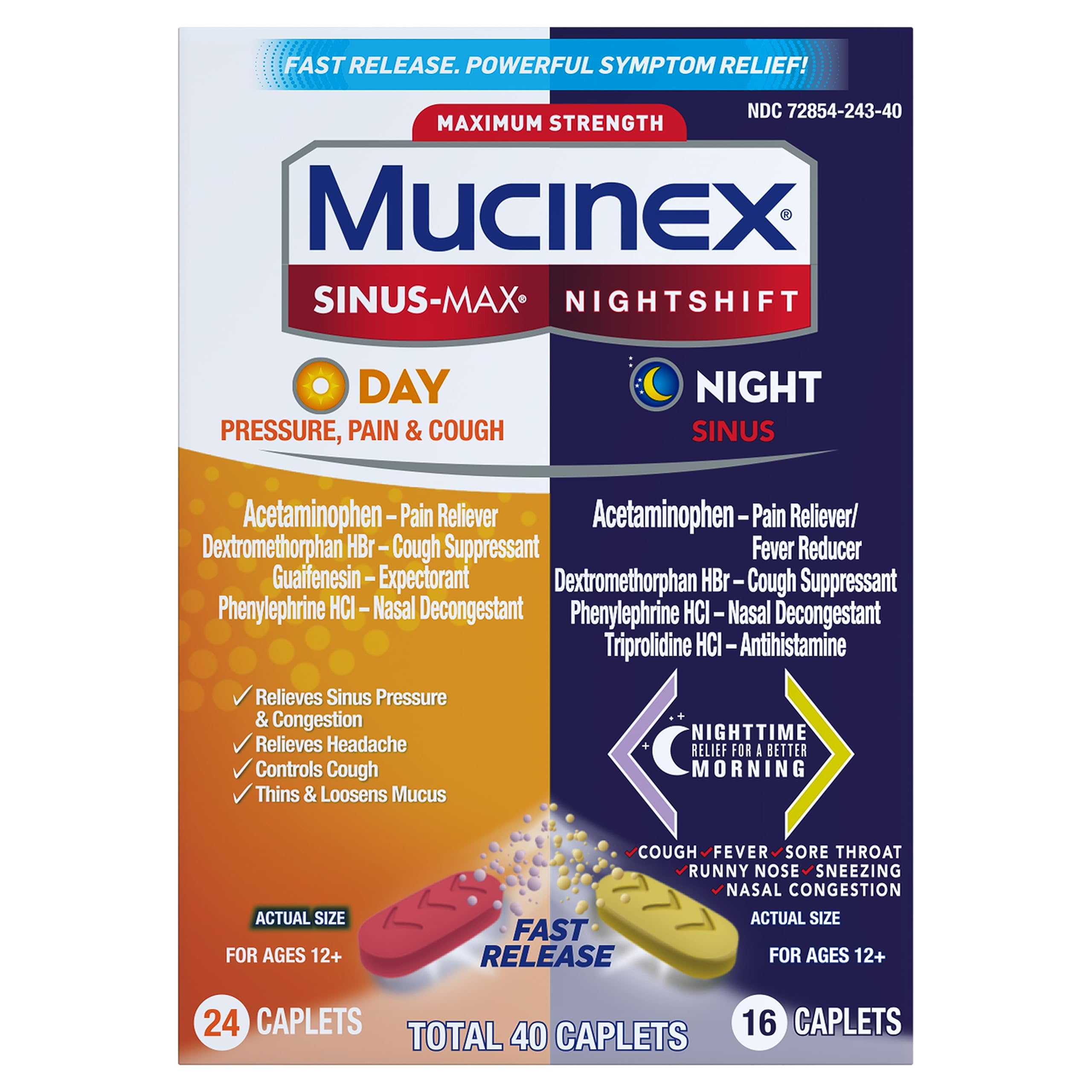 Mucinex Maximum Strength Sinus-Max Pressure, Pain & Cough & Fast-Max Maximum Strength Cold & Flu Day and Night Medicine, All-in-One Multi-Symptom Relief