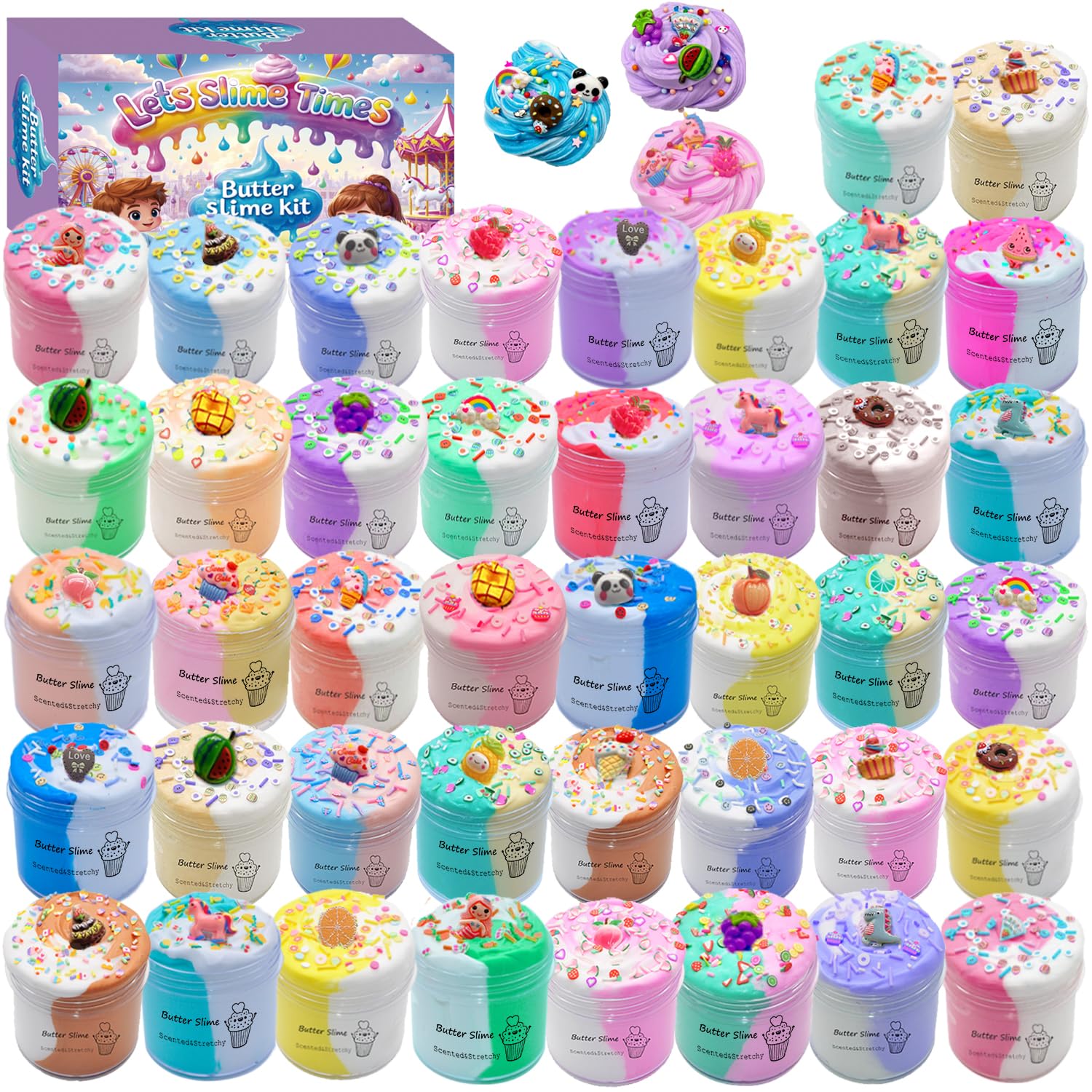 pokujyrt Butter Slime Kit with Multiple Colors, 42 Packed Slimes with 24 Decorative Toppings, Sprinkles, Craft Toy, Party Favors for Kids, Gift for Girl and Boys 6 7 8 9 10 11 12