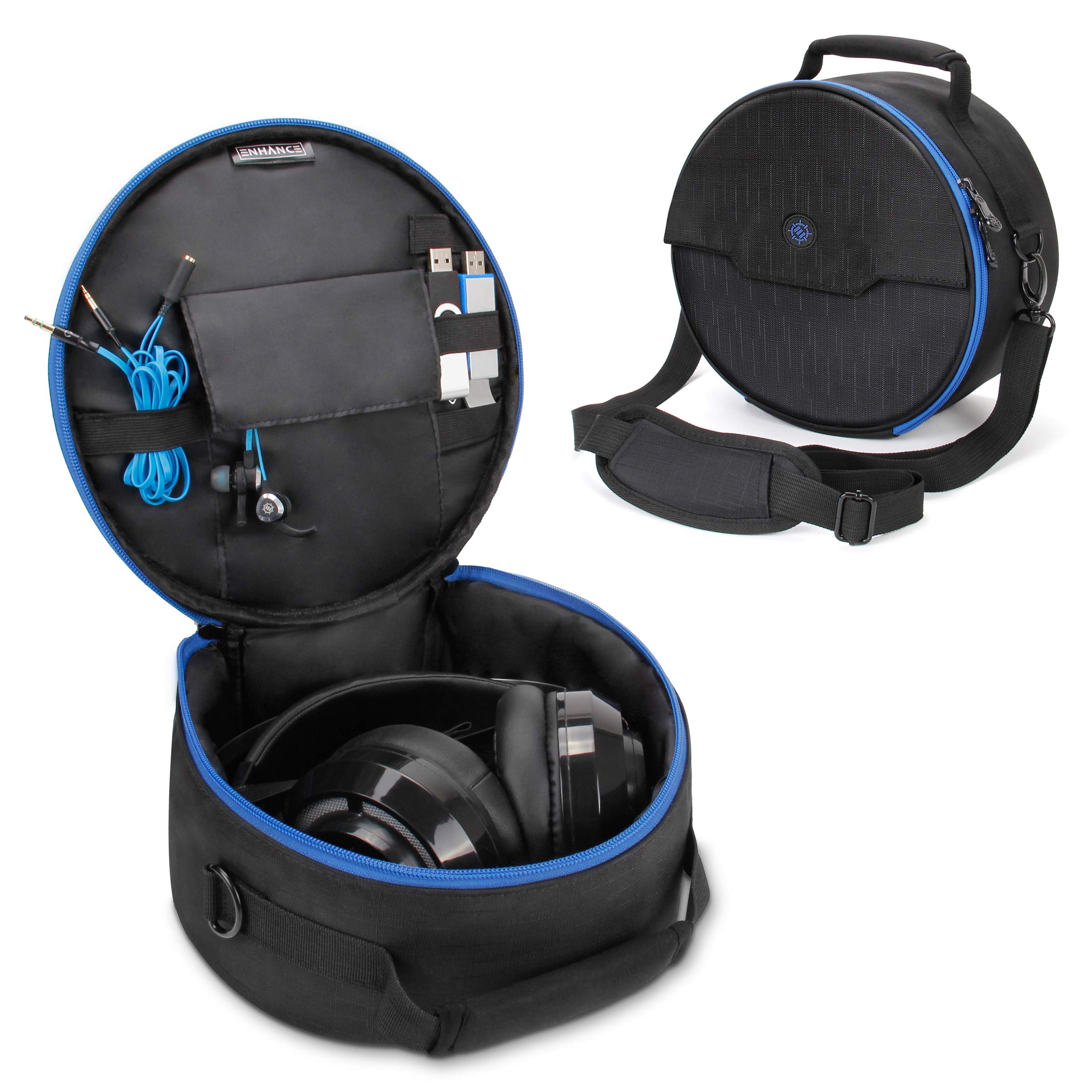 ENHANCE Portable Headphone Case for Wired & Wireless Headsets - Universal Headset Case Compatible with PlayStation, Beats, Bose & Gaming Headphones - Accessory Storage, Strap & Carrying Handle - Blue