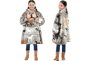 Solaris Horse Pattern Wearable Blanket Hoodie for Kids, Super Warmth Softness Horse Gift, Oversized Cozy Sherpa Fleece Sweatshirt Pullover for Teens, Girls, Boys