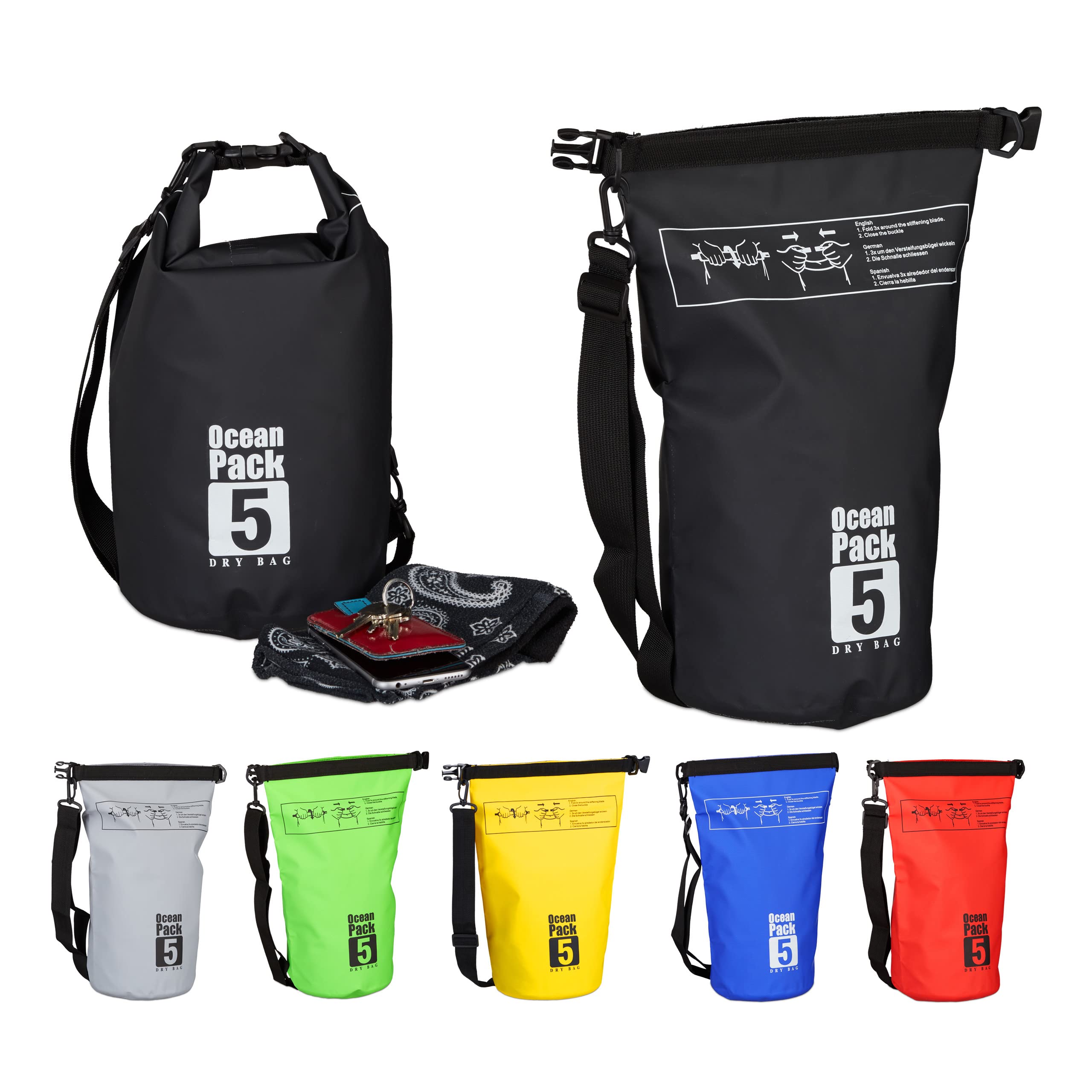 Relaxdays Dry Bag, 5L, Waterproof Ocean Backpack, Ultralight Gear for Kayaks, Boating, Skiing, Sailing; Black