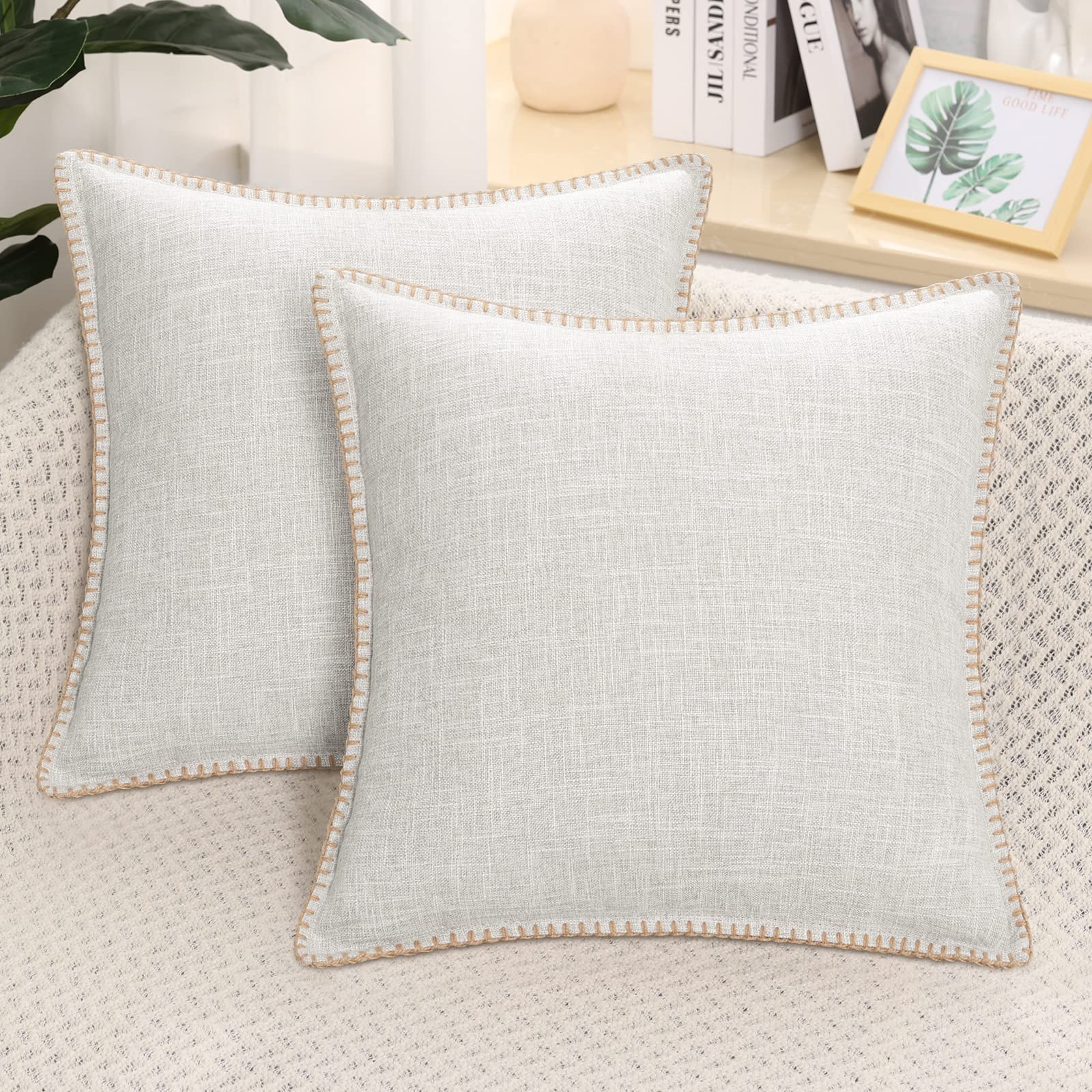 decorUhome Set of 2 Linen Cushion Covers 50X50cm,Decorative Outdoor Plain Vintage Cushion Covers with Stitched Edges, Square Farmhouse Neutral Pillow case 20x20 Inch for Sofa, Beige