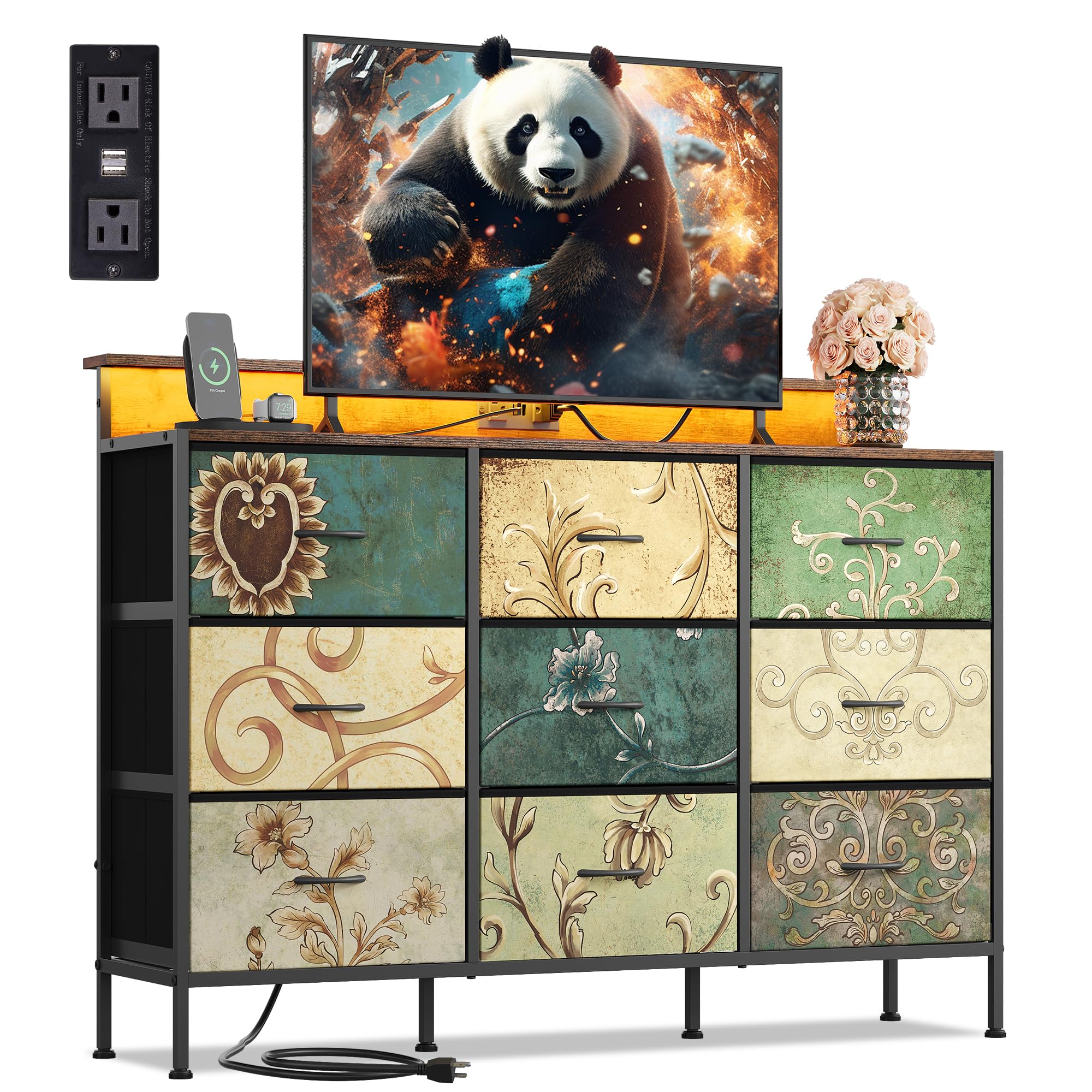 WLIVE Dresser TV Stand for 45, 50, 55 inch TV, Entertainment Center with LED Lights & Charging Station, Chest of Drawers with 9 Fabric Drawers and Open Shelves for Living Room, Hallway, Floral Painted