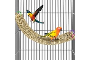 Arfubye 29.5 x 7 inches Large Bird Seagrass Mat Grass Woven Net Parrot Hammock Mat Parakeet Climbing Rope Ladder with Hooks Bird Cage Accessories for Conure Cockatiel Budgie Macaw