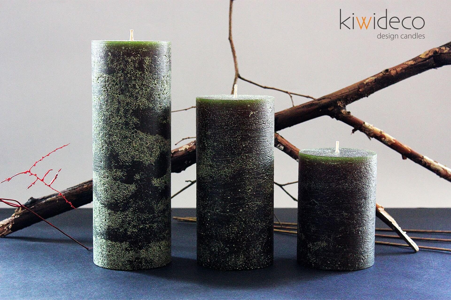 Kiwideco Handmade Dark Green Large Rustic Pillar Candles Set - Scandinavian design home decor for modern interior design