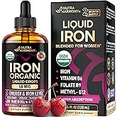 Liquid Iron Supplement for Women 18 mg - USDA Organic Drops, USA-Made - with Folate, Vitamin B12 & B6 - Iron Level & Energy - Gentle & High Absorption Glycinate Form - Cherry Flavor, Sugar-Free, 4 oz