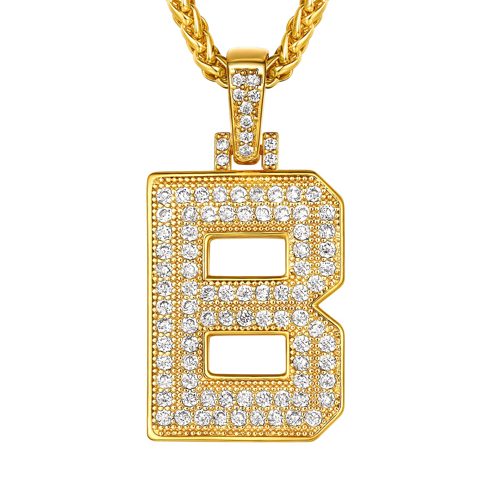 Suplight A-Z Gold Color Baguette Initials Letters Hip Hop Pendant, B Necklace, Bling Zirconia Men's Women Necklace Chain Rapper Hip Hop Jewelry