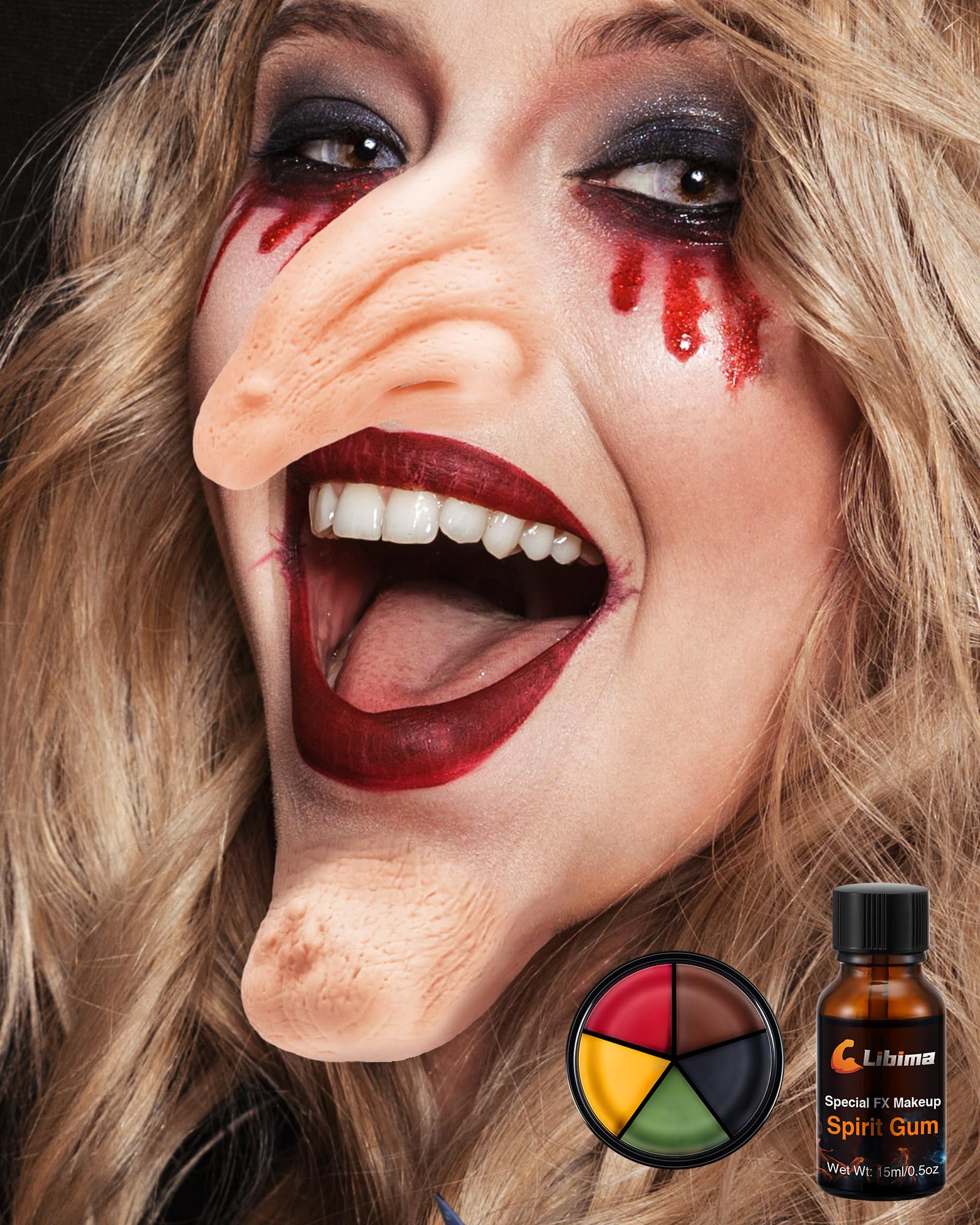 Photo 1 of Libima Halloween Witch Nose and Chin Prosthetic Set Halloween Costume Latex Witch Costume Accessories Halloween Latex Prosthetic Set with Face Paint and Makeup Face Glue(2 Pack)