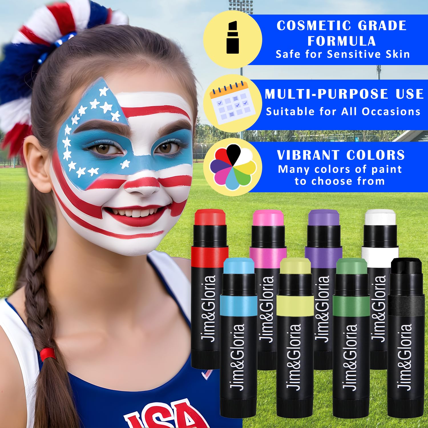 Jim&Gloria Water Resistant Under Eye Black Stick Sports Face Paint Body Markers Makeup Athletes Softball Stuff Lacrosse Baseball Drip Football Gear Game Accessories Gift 8 Colors Eyeblack Painting Kit