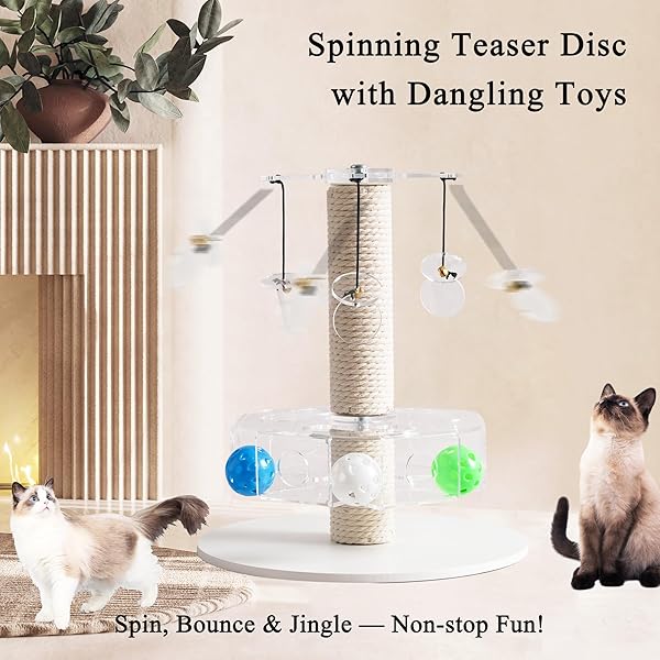 KICARI MODERN 3-IN-1 INTERACTIVE CAT TOY, ROTATING PUZZLE BOX CAT PUZZLE TOYS FOR INDOOR CATS WITH COLORFUL JINGLE BALLS, SMALL SCRATCHING POST, SPINNING TEASER DISC WITH DANGLING TOYS, ACRYLIC WHITE