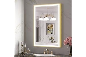 TokeShimi 24 x 36 Inch Gold LED Bathroom Vanity Mirror with Lights with 45° Angled Beveled Light, 3 Colors, Anti-Fog,Aluminum Alloy Matte Frame, Memory Funtion Stepless Dimmable for Modern Decor