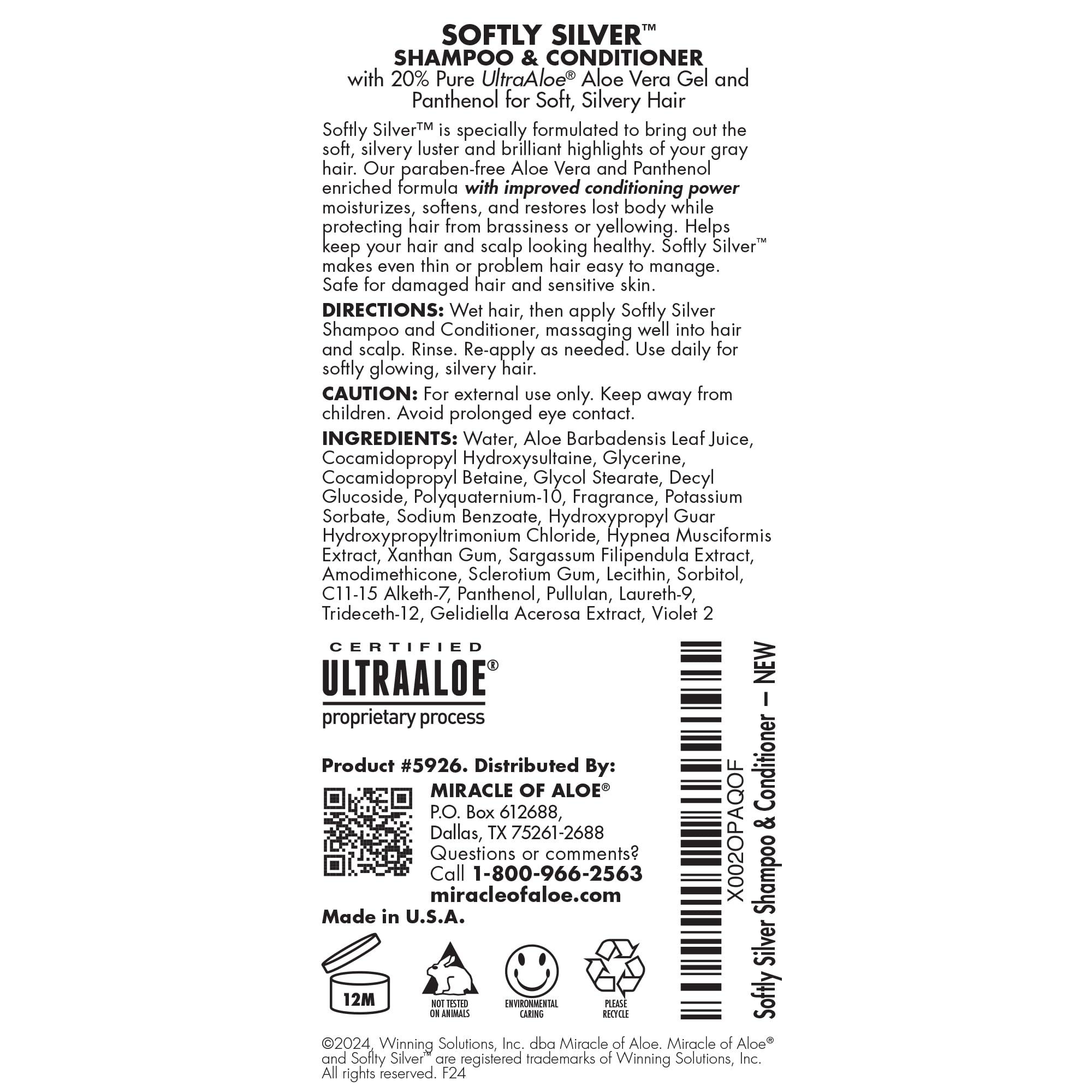 Softly Silver Shampoo Improved Conditioning formula for Gray Hair, 2 in 1 Purple Restorative Hair Wash for Mature Hair, Adds Luster, Bounce & Body, with Panthenol and 20% Pure UltraAloe