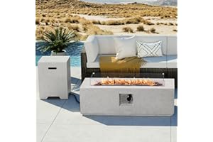COSIEST 2-Piece Outdoor Propane Fire Pit Table Set w Tank Table, 42" Terrazzo Rectangle Fire Table (Certified, 50,000 BTU) w 16" Tank Cover Side Table, Wind Guard, Rain Cover for Garden, Pool