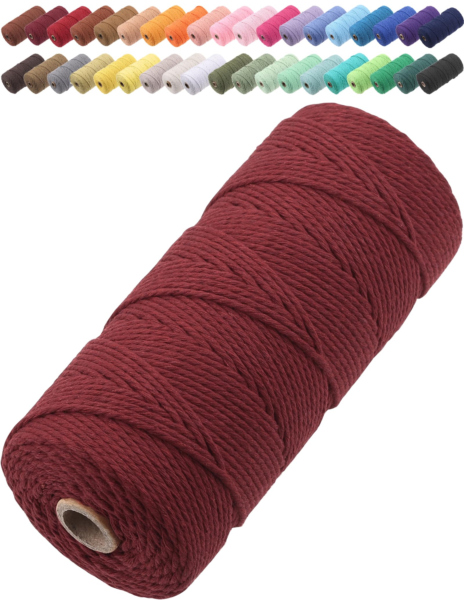 GOHOF Macrame Cord 2mm x 205m Premium Cotton Macrame Rope, 3 Strand Twisted Soft Cotton Cord, One of The Most Perfect Materials for Macrame Art, Cotton String Without Chemicals (Wine Red)
