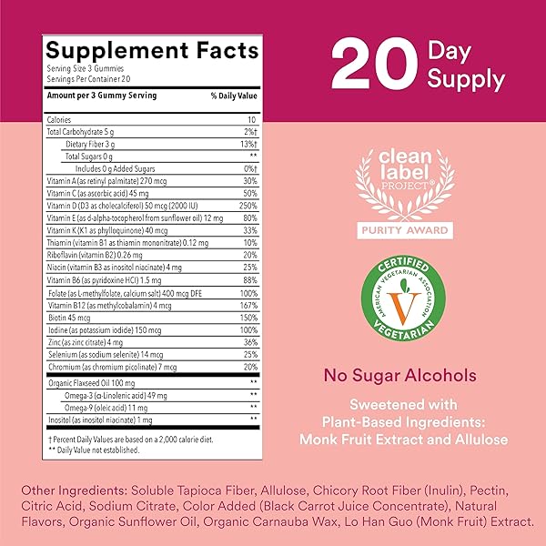 SMARTYPANTS WOMEN’S MULTIVITAMIN GUMMIES, SUGAR FREE: BIOTIN, METHYLFOLATE, OMEGA 3 (ALA), VITAMIN D3, C, VITAMIN B12, B6, A, K & ZINC, INOSITOL, GLUTEN FREE, 60 COUNT (20 DAY SUPPLY)