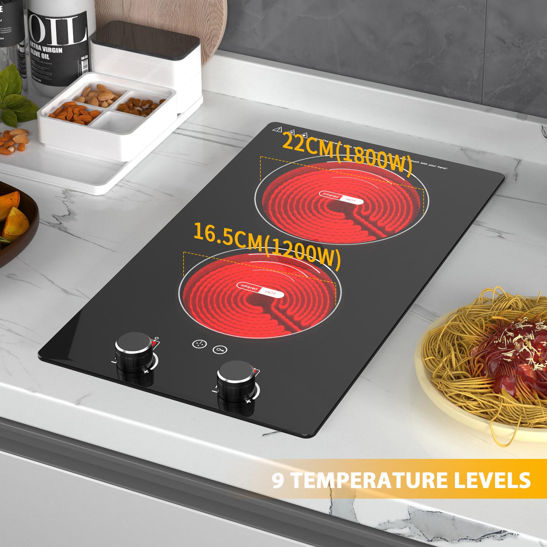 VBGK Electric Cooktop,110V 2100W Electric Stove Top with Knob Control,9 Power Levels, Kids Lock & Timer,LED touch control,Overheat Protection Electric stove,24 Inch desktop 2 burner