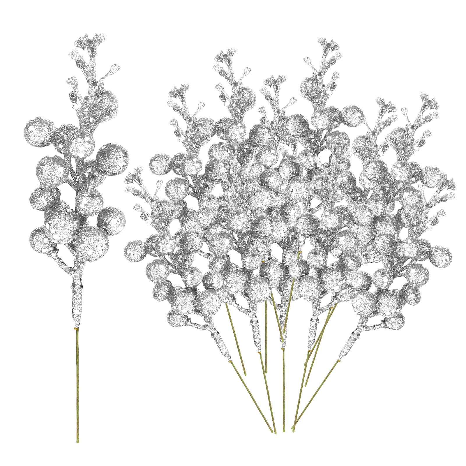 Wyi 24Pcs Christmas Glitter Berries Stems 7.87in Xmas Artificial Fruit Red Berry Stem Simulation Picks Holly Berry Twig for Christmas Tree Wreath Garland Decoration-Silver