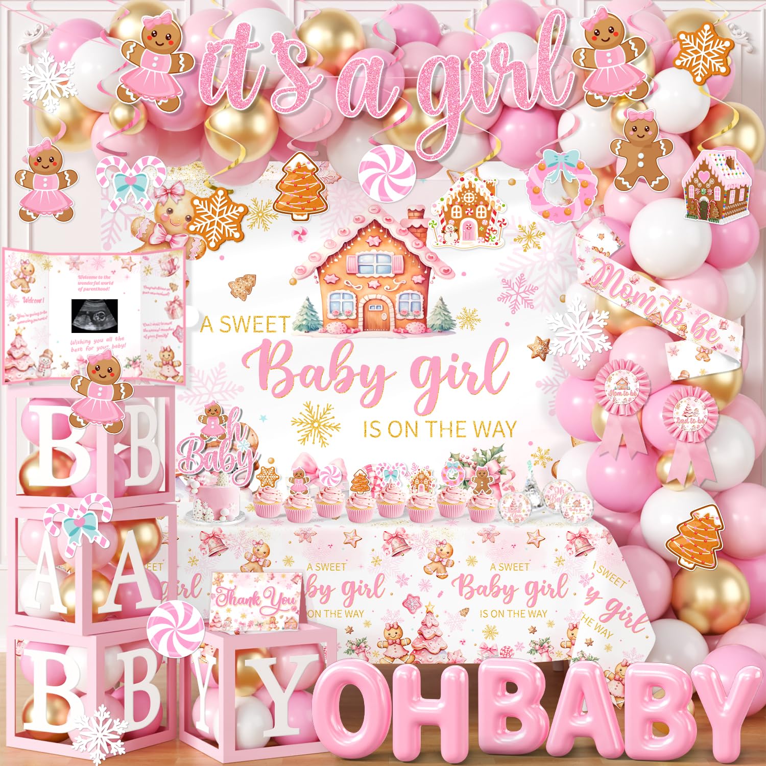 Photo 1 of Christmas Gingerbread Baby Shower Decoration,Pink Gingerbread House Snowflake Party Supplies A Sweet Baby Girl is On The Way Balloons Boxes Tablecloth Backdrop Cake Topper for Winter Xmas Party Decor
