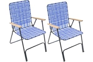 Garden Elements Folding Patio & Lawn Chairs – Steel Frame with Blue Woven Fabric and Wooden Armrests, Comfortable Full-Size Outdoor Chairs for Backyard, Camping, or Events (Pack of 2)