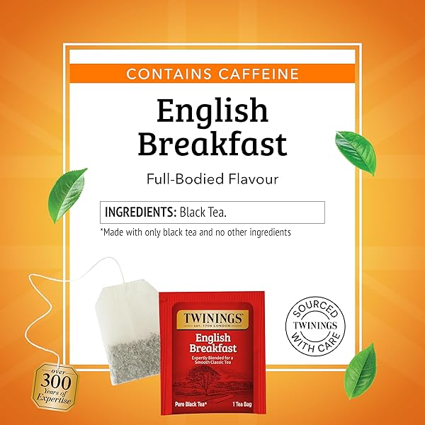 TWININGS ENGLISH BREAKFAST BLACK TEA INDIVIDUALLY WRAPPED BAGS, 50 COUNT (PACK OF 6), FLAVOURFUL, ROBUST, CAFFEINATED, ENJOY HOT OR ICED, 300 TEABAGS