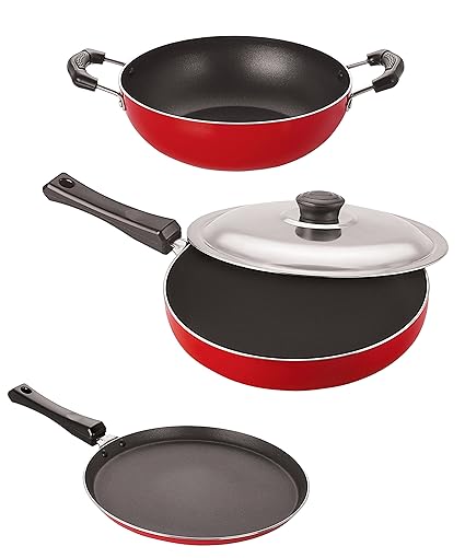Nirlon Non-Stick Aluminium Cookware Set, 3-Pieces, Red (2.6mm_FT10_FP13_KD10)