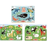 Melissa & Doug Animals Wooden Peg Puzzles Set - Farm, Pets, and Ocean - Animal Puzzles, Peg Puzzles For Toddlers Ages 2+