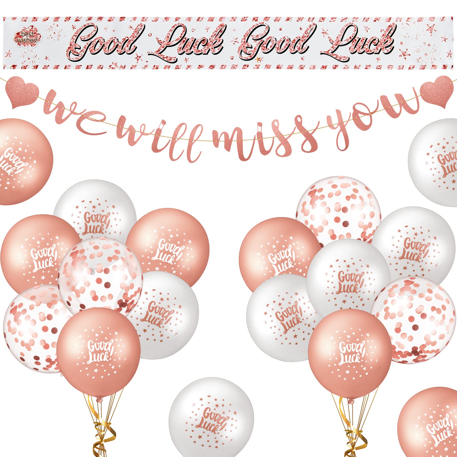 21 Pieces Sorry Your Leaving Decorations We Will Miss You Good Luck Banner Sash and Balloon Good Luck Decorations for Retirement Farewell Graduation Leaving Going Away Party(Rose Gold)
