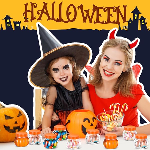 HSEI 50 PCS 5 OZ/ 150 ML PLASTIC PUMPKIN CANDY JARS HALLOWEEN LARGE CANDY BOWL FALL THANKSGIVING JAR WITH LIDS PLASTIC PUMPKIN CONTAINERS FOR HALLOWEEN PARTY DECORATION (HOT PINK,BLACK)