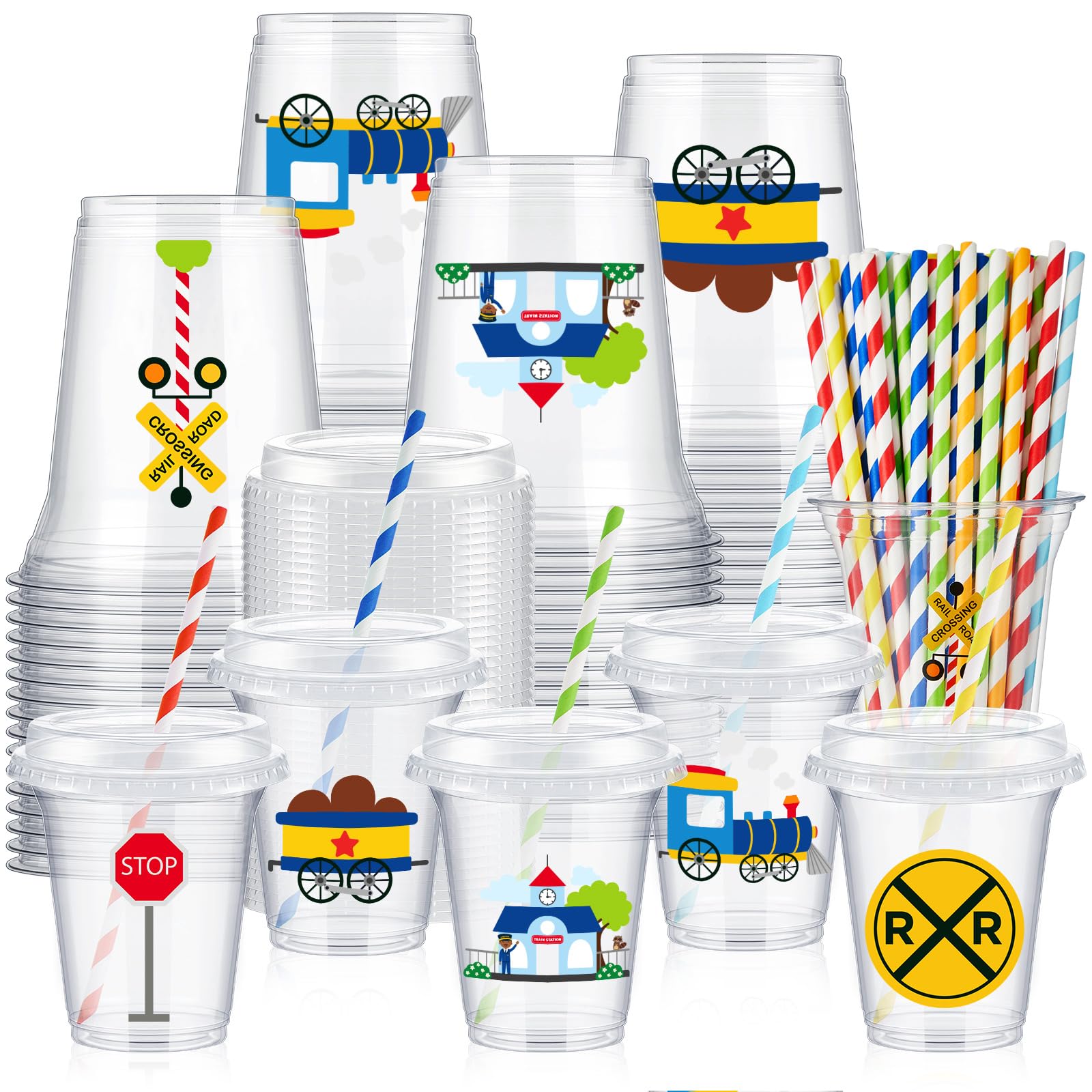 Photo 1 of FoldTier 60 Set Plastic Cups Chugga Chugga Two Two Party Themed 14 oz Disposable Clear Cups with Lids and Paper Straws for Train Themed Party Favor Supplies Decorations