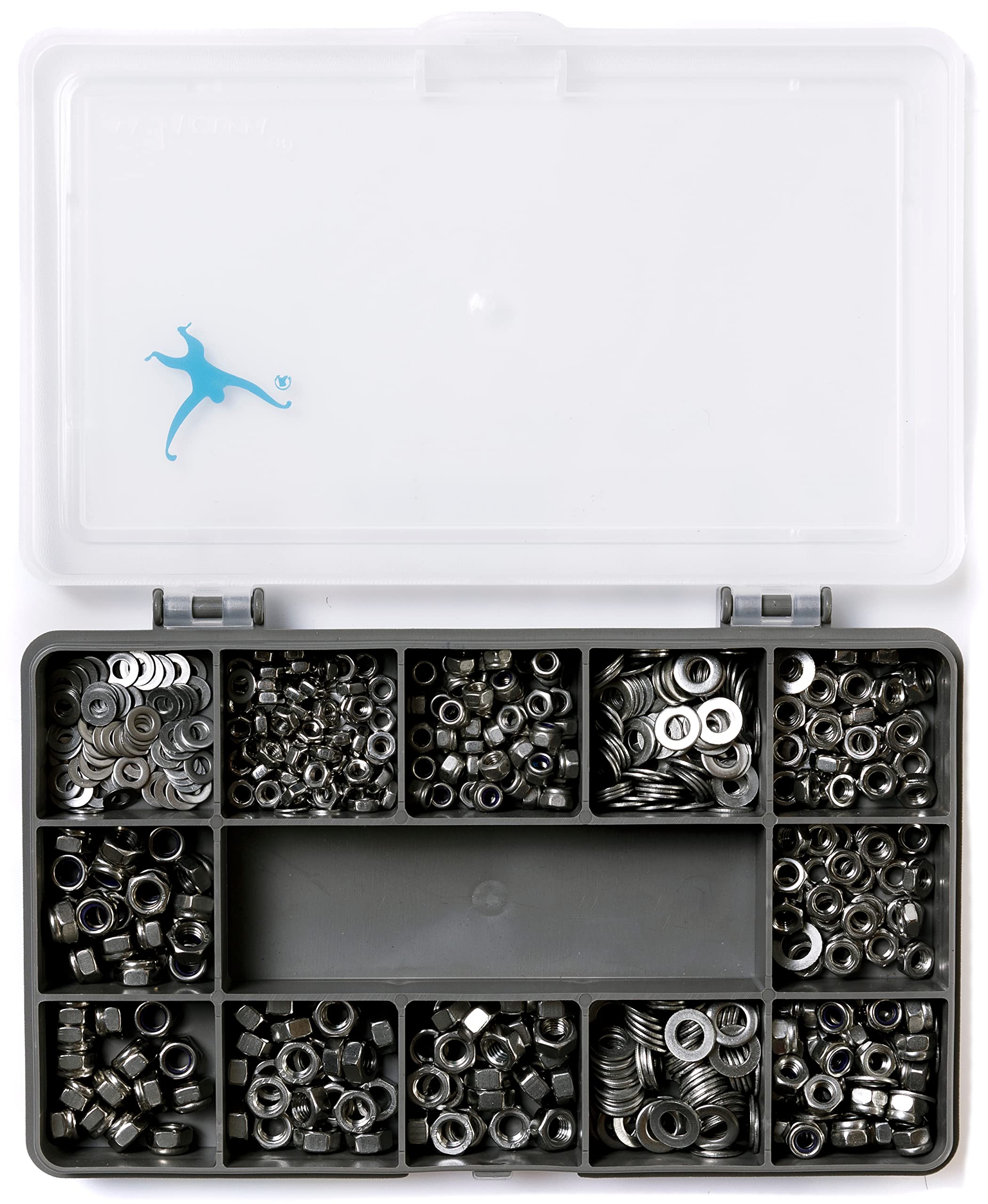 Set of 540 Assorted Nuts (Full Hex and Nyloc) and Washers -M3, M4 and M5- A2-70 (304 Grade) Stainless Steel; Sturdy Recycled Compartment Box