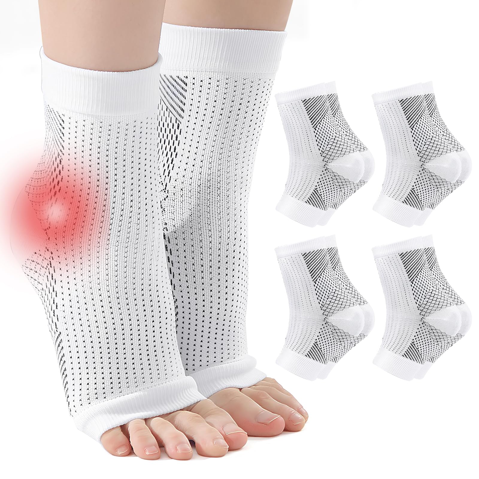 Fantasyon 4 Pairs Plantar Fasciitis Socks, Neuropathy Socks Compression Socks Neuro Socks for Women Men Ankle Support for Sprained Ankle for Sport Arthritis Pain Relief-White,L-XL
