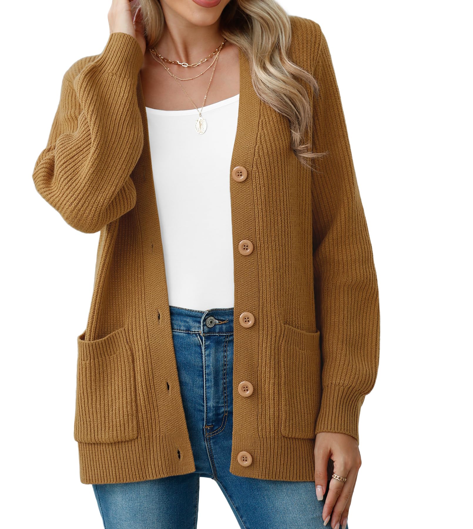 VIISHOW Plain Casual Womens Open Front Long Sleeve Button up Chunky Knit Tan Cardigan Sweaters for Women Trendy,Z Camel,Medium Image