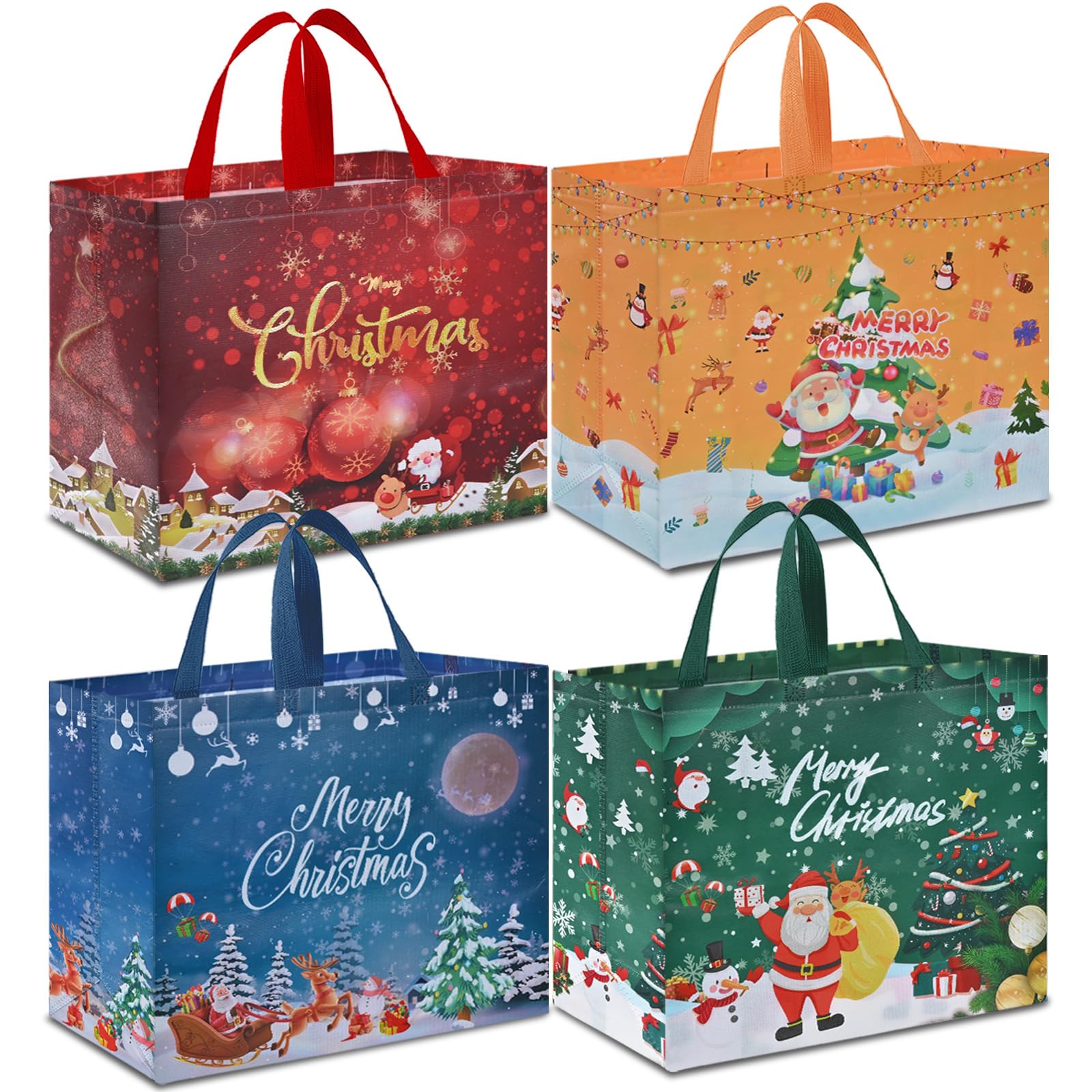 AhfuLife Extra Large Christmas Bags for Gift, 4pcs Reusable Christmas Tote Bags with Handles, Multipack Non-woven Christmas Treat Shopping Bags, Xmas Gift Party Favor Bags Decoration, 40 x 36 x 15cm