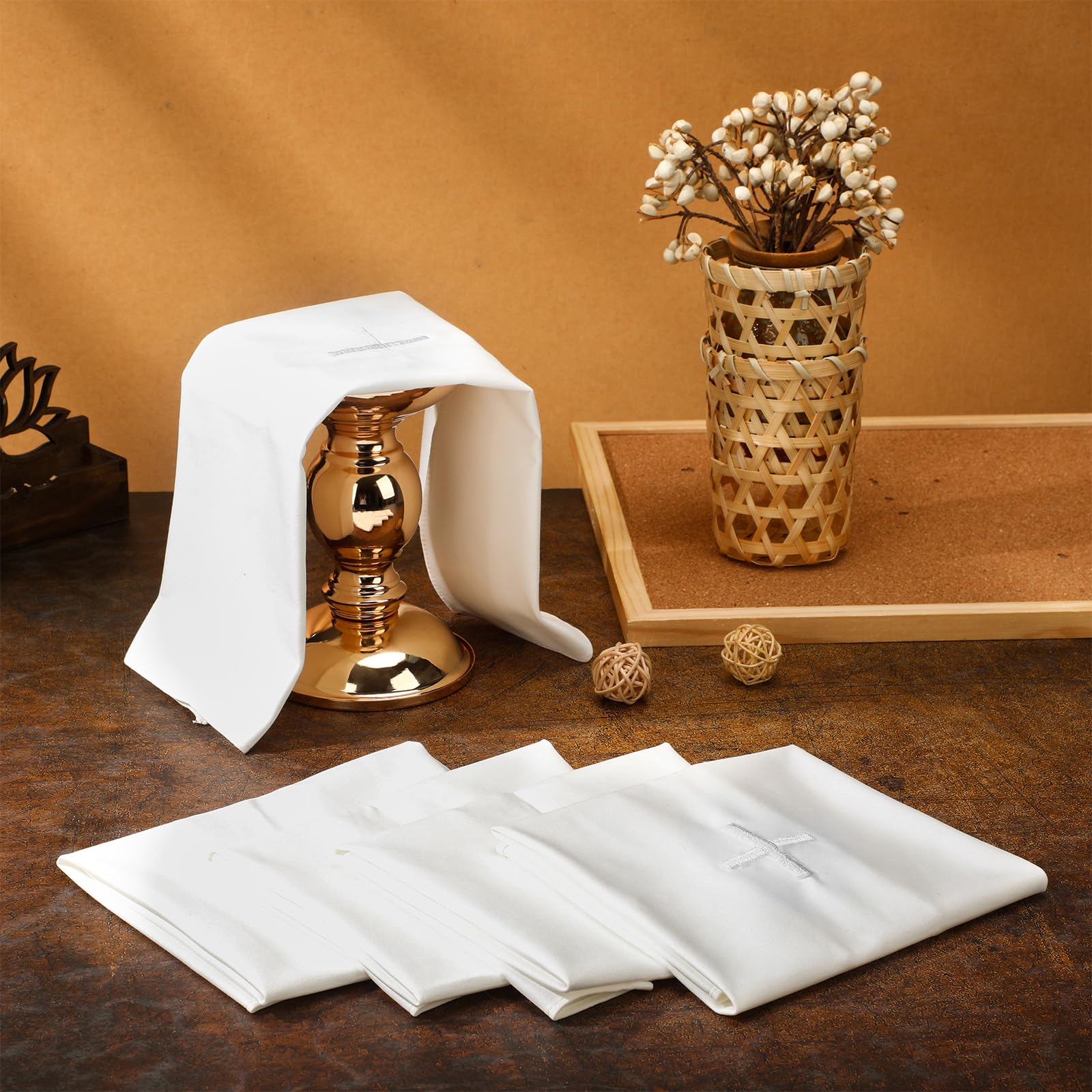 Photo 1 of Tegeme 4 Pack of Embroidered Linen Purificator with Silver White Cross Center White Linen Altar Cloth Altar Supplies Corporal for Catholic Mass Communion Towel Supplies and Catholic Church Priest