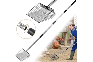 CAROD 10inch Large Metal Chicken Poop Scooper, 24 to 68" Long Chicken Coop Litter Scoop with Stainless Steel Handle, 4 in 1 Multifunctional Heavy Duty Litter Sifting Shovel Chicken Coop Accessories