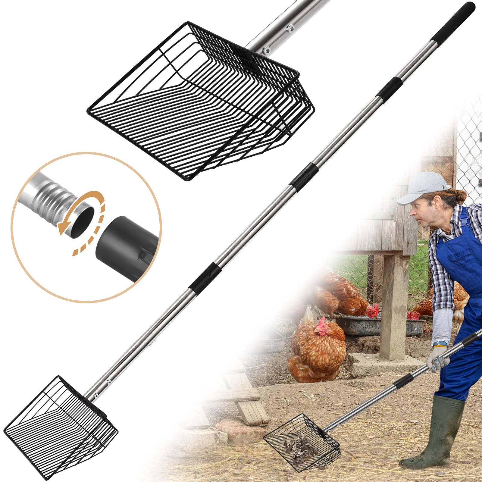 Photo 1 of 10inch Large Metal Chicken Poop Scooper, 24 to 68" Long Chicken Coop Litter Scoop with Stainless Steel Handle, 4 in 1 Multifunctional Heavy Duty Litter Sifting Shovel Chicken Coop Accessories
