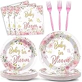 96Pcs Baby in Bloom Baby Shower Decorations Baby In Bloom Floral Paper Plates Napkins Baby in Bloom Cake Dessert Party Tableware Set for Girls Birthday Party Baby Shower Supplies Serve 24