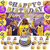 42Pcs Los Angeles Basketball Party Supplies Pack Includes,Banner,Cake Topper,Blackdrop,Balloons for The Laker party decoration