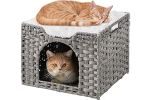 SETVSON Cat Beds for Indoor Cats, Cat Cave Kitten Bed Cat Bed Cave Cat Hideaway, Handwoven Rattan Cat Houses Cat Cave Bed Large Cat Cube Covered Cat Bed Cat Hut Cat Home in Living Room Bedroom Gray