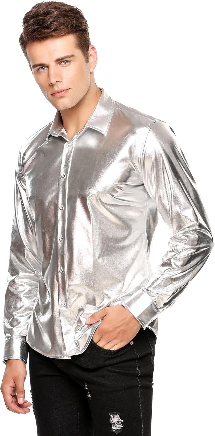 COOFANDY Men's Metallic Shiny Nightclub Slim Fit Long Sleeve Button Down Party Shirts at  Men’s Clothing store