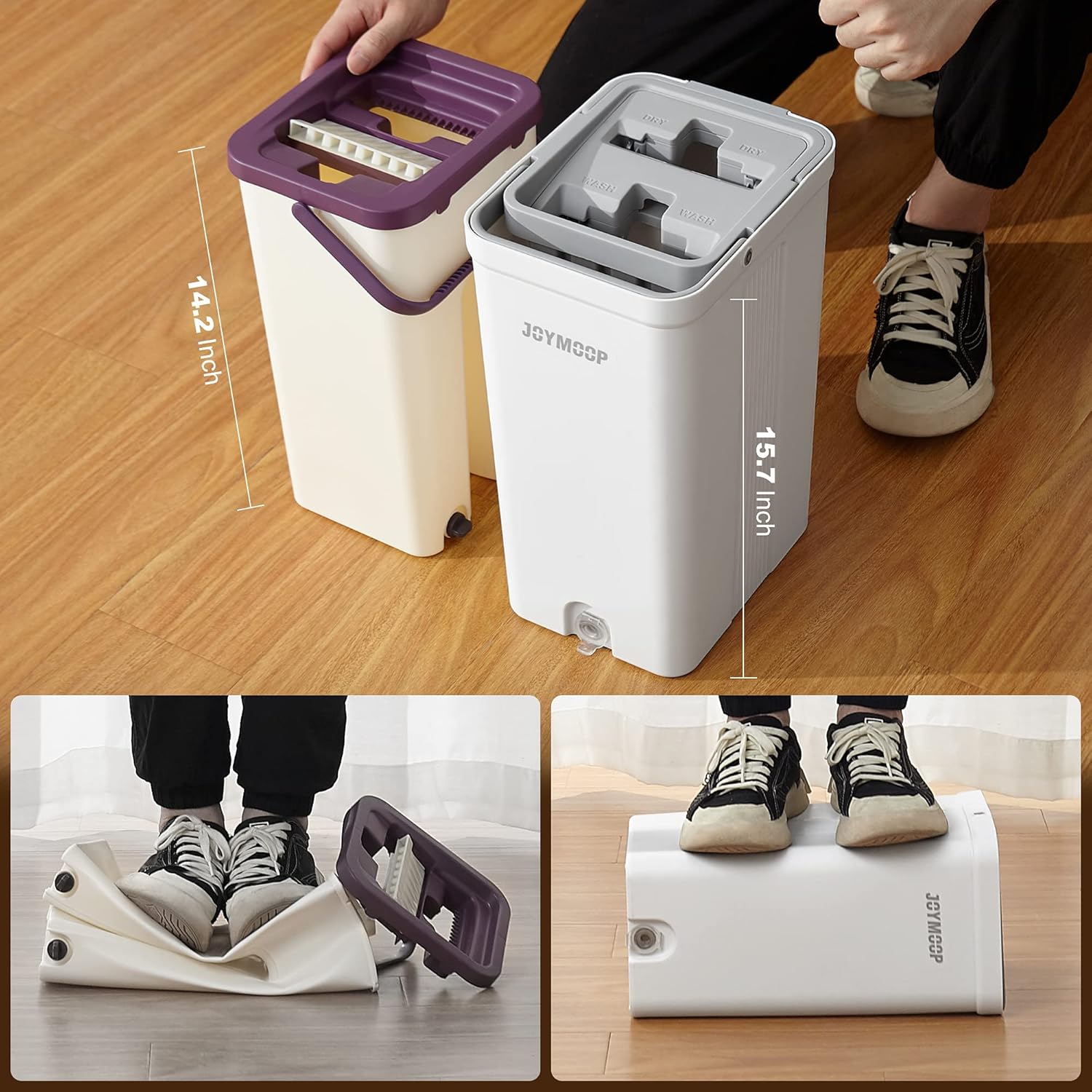 JOYMOOP Squeeze Flat Floor Mop and Bucket Set with 3 Microfiber Mop Pads Refills Easy Self-Wringing Cleaning Mop Bucket, Wet and Dry Mopping Hardwood, Laminate, Tile: Kitchen & Dining