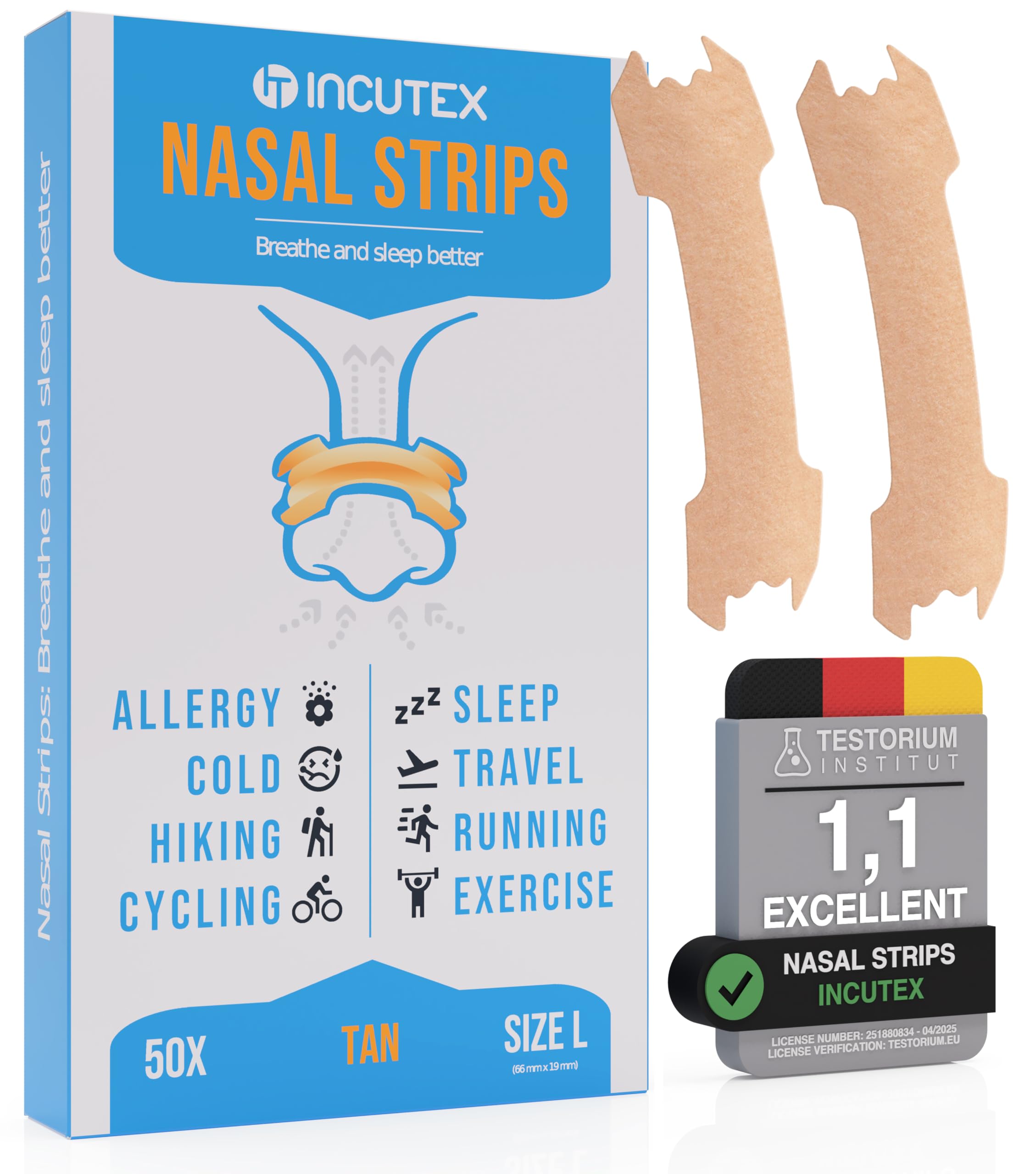 Incutex 50 pcs Nasal Strips Anti-Snoring Aid, Snore Stopper Patch, Nasal Congestion Relief, Breath Better During Sleep Sports Nose Plaster for Men Women, Large Size (2.6x0.7 inches), Beige