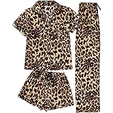 BEAUDRM Women's 3 Piece Leopard Pajama Set Cheetah Short Sleeve Button Down Shirts and Shorts Pants Set