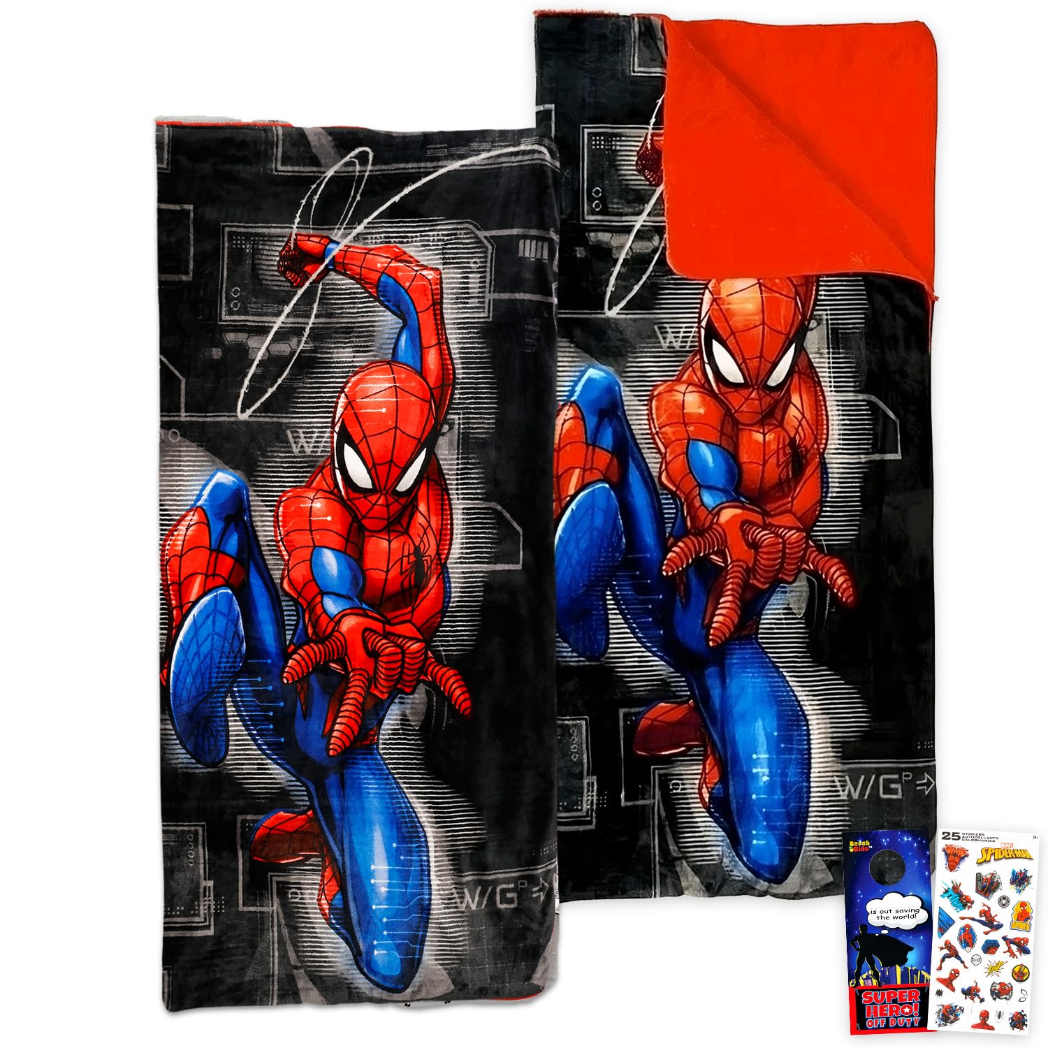 Photo 1 of Marvel Spiderman Slumber Bag Set for Boys - Bundle of 54x56 Inches Spider-Man Sleeping Bag, Stickers, More | Spiderman Silk Touch Slumber Bag