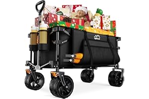 Uyittour Collapsible Wagon Cart Heavy Duty Foldable, Folding Beach Wagon with Big Wheels for Sand, Utility Grocery Cart with Side Pocket and Brakes for Camping Sports Outdoor Activities, Black