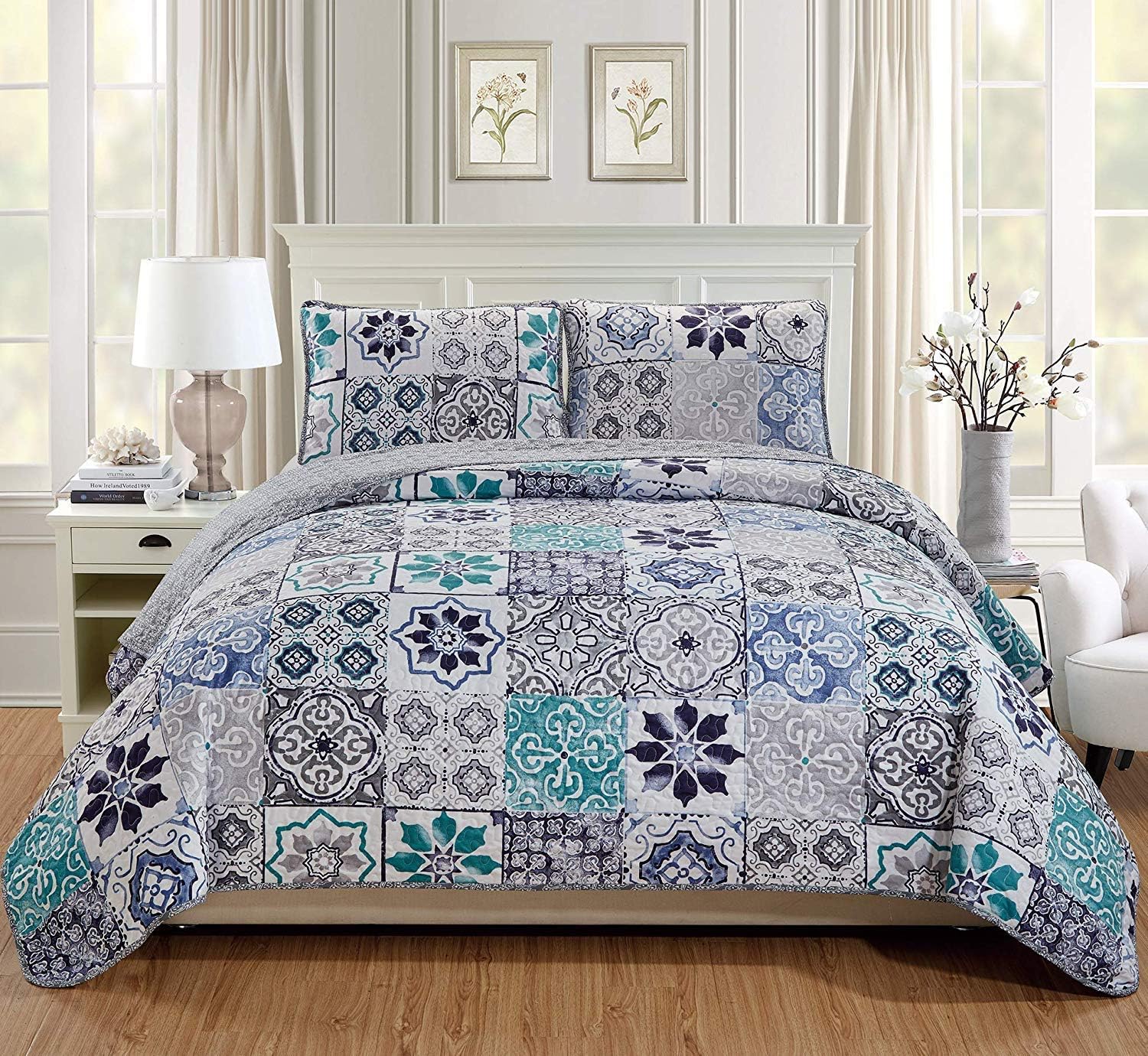 Linen Plus Quilted Bedspread Set Floral Grey Blue White
