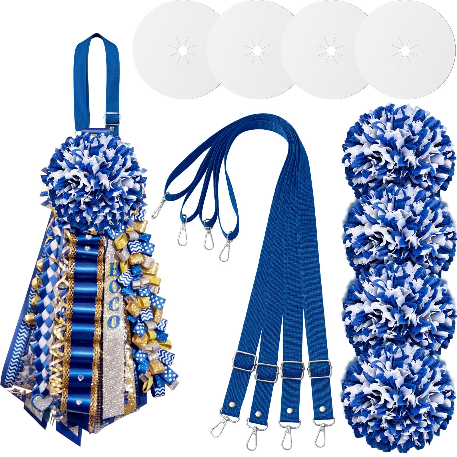 Photo 1 of Zeyune 4 Sets Homcoming Mum Flower with Backer and Adjustable Neck Strap Homecoming Mum Flowers Bulk for Back to School Week Party Decorations (Round,Blue and White)