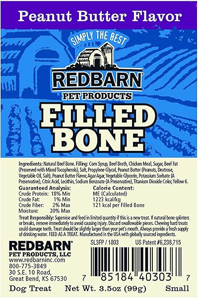 REDBARN FILLED DOG BONES, NATURAL LONG-LASTING DENTAL TREATS; SUITABLE FOR AGGRESSIVE CHEWERS, SMALL (3″) – 30 BONES (PEANUT BUTTER)