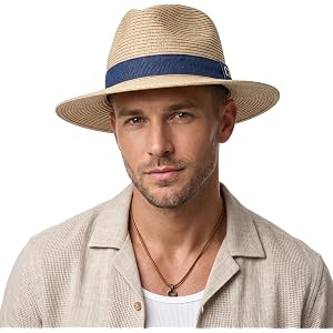 Straw Panama Hat for Men and Women, Adjustable Fedora Sun Hat for Summer | Black Ribbon, Lightweight, Breathable, Removable W