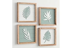 Tide and Tales 3D Sage Green Leaf Botanical Wall Art (Framed Set of 4) – Textured Boho Botanical Bathroom Art Wall Decor – Le